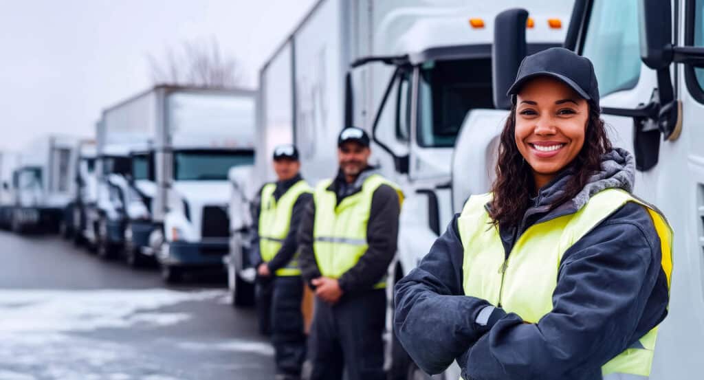 A diverse team of truck drivers standing confidently in front of a fleet of semi-trucks,