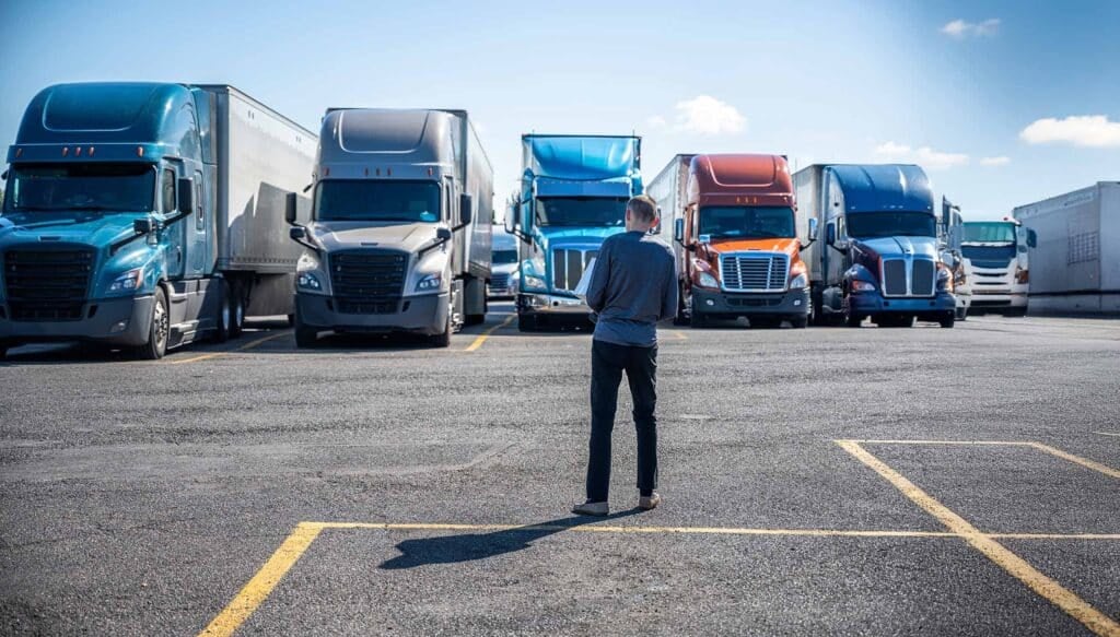 Truck driver carries a shopping box in his hands and going to hi