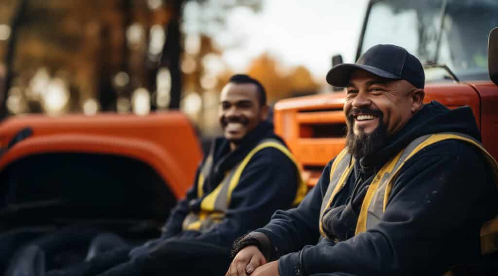 Two truckers sitting on a bench talking in a blurry truck background