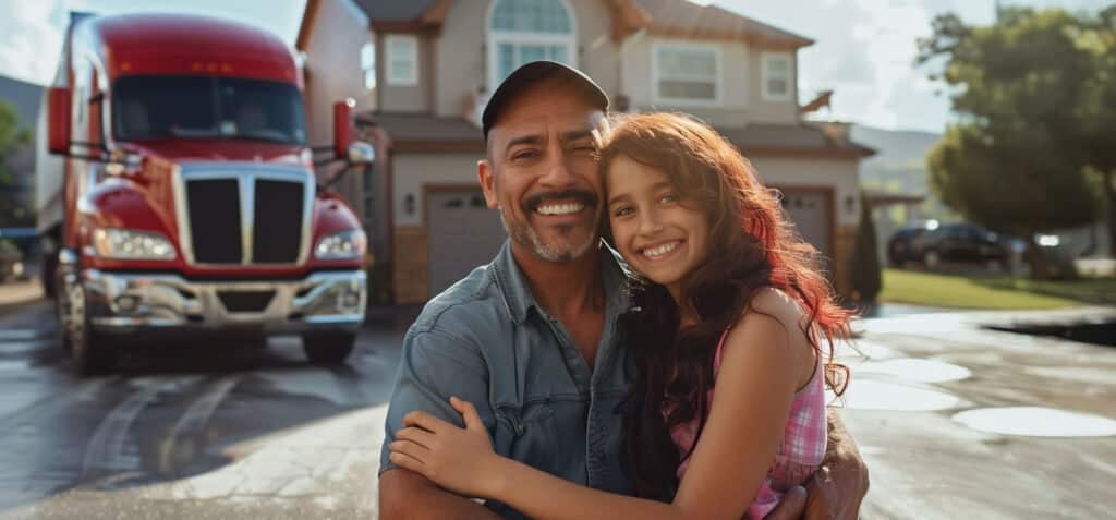 A happy trucker family, standing in front of the house