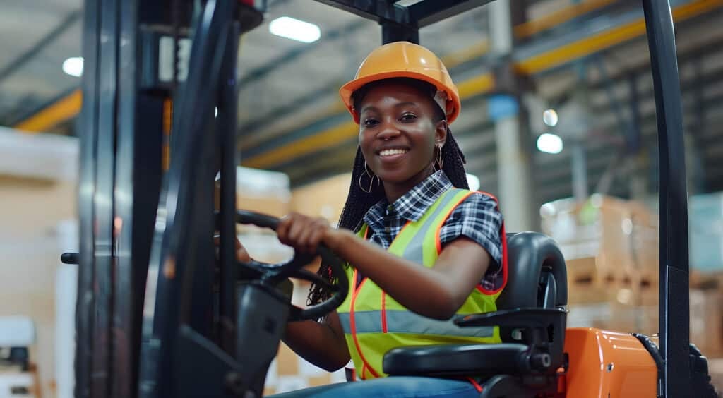 A woman in a yellow vest and a hard hat is driving a forklift.
